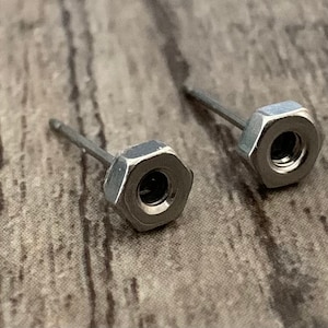 Industrial Chic Hardware Tiny Small Hex Nut Stud Earrings Set On Titanium studs posts.