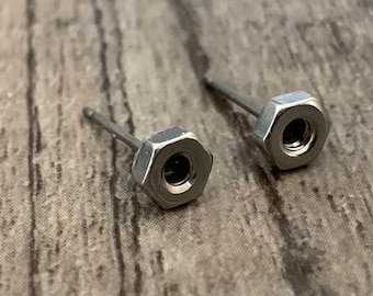 Industrial Chic Hardware Tiny Small Hex Nut Stud Earrings Set On Titanium studs posts.