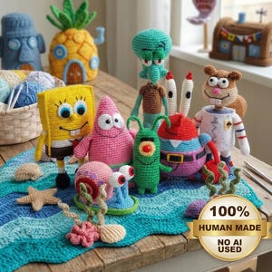 May include: A collection of crocheted figures inspired by SpongeBob SquarePants, including SpongeBob, Patrick, Squidward, Mr. Krabs, Sandy, Plankton, and Gary. The set features a blue wave-patterned crochet mat, a basket of yarn, and small sea-themed accents.