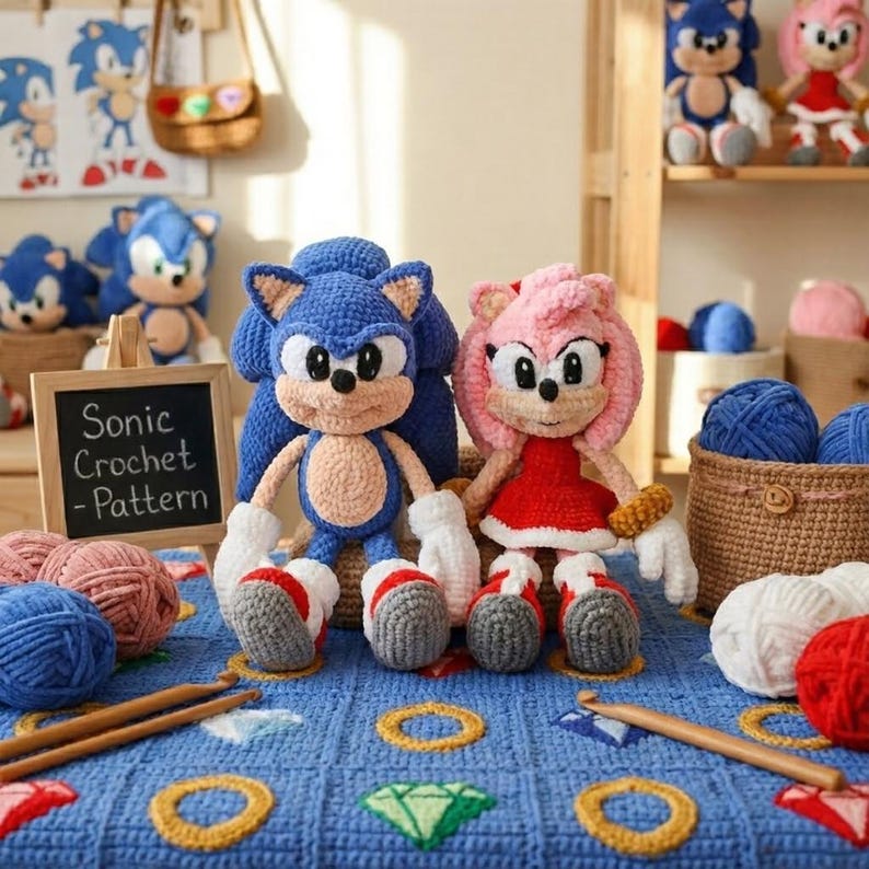 May include: Handmade crochet dolls of Sonic the Hedgehog and Amy Rose, in blue and pink yarn, displayed on a blue blanket with gold rings and green gems. The sign reads "Sonic Crochet - Pattern". Other crochet items are in the background.