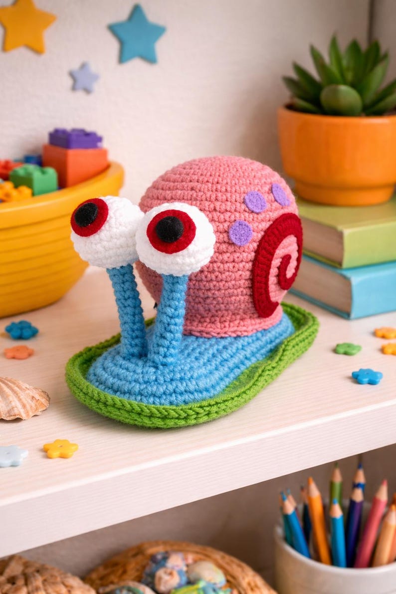 May include: A crocheted snail toy in shades of pink, blue, and green. The snail features large white eyes with red and black details, and a spiral shell design. It rests on a green base, with a blue body, and is surrounded by colourful toys.