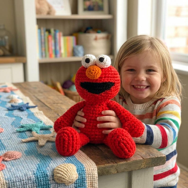Op de afbeelding: Een handgemaakte rode Elmo-pop van gehaakt garen met witte ogen, een oranje neus en een zwarte mond. Het pluche speelgoed staat op een houten tafel met een blauw en beige gehaakte loper versierd met zeesterren en schelpen.
