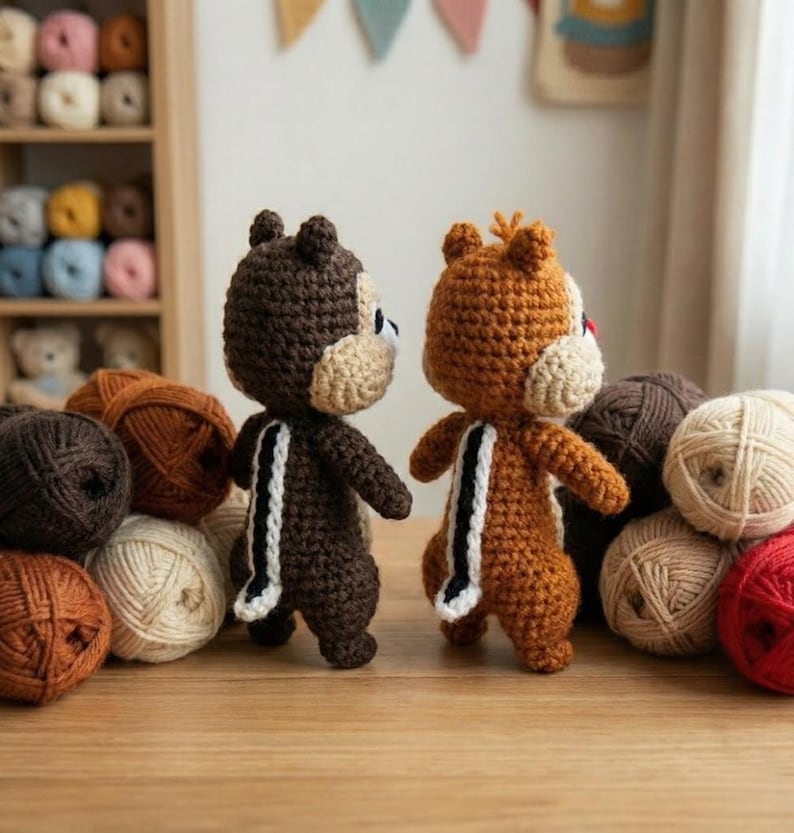 May include: Two handmade crochet chipmunk figures, one brown and one orange, stand together on a wooden surface. Each has a cream-coloured face and a white stripe down the back. Balls of yarn in various colours are nearby.