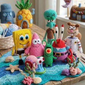May include: A collection of handmade crochet figures of characters from the animated series, including SpongeBob SquarePants, Patrick Star, Squidward, and others. The figures are displayed on a blue and turquoise crocheted mat, with a wooden table in the background.