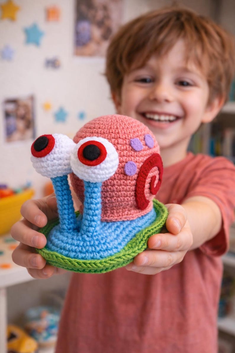 May include: A crocheted snail toy in shades of pink, blue, and green. The snail features large white eyes with red and black details, a red spiral shell, and purple spots. The toy is being held up.