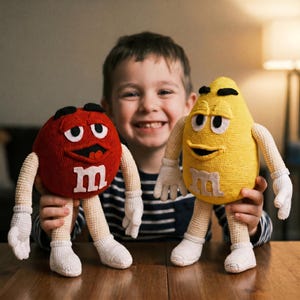 Peut inclure: Deux personnages M&M's crochetés, un rouge et un jaune, sont tenus par un enfant souriant. Le personnage rouge a un haut noir et la lettre "m" sur le devant. Le personnage jaune a un haut noir et la lettre "m" sur le devant. Les deux ont des gants et des chaussettes blancs.