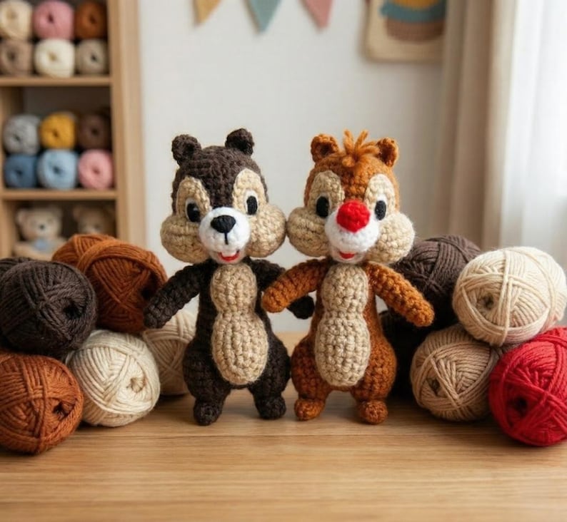 May include: Two handmade crochet chipmunk dolls, one brown and one orange, stand side-by-side on a wooden surface. They have white cheeks, red noses, and are surrounded by various colours of yarn. The dolls are approximately 15 cm tall.