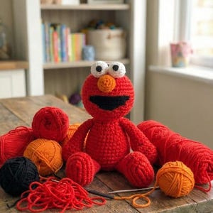 Op de afbeelding: Een handgemaakte rode gehaakte figuur met witte ogen, een oranje neus en een zwarte mond zit op een houten tafel. Verschillende bollen rood, oranje en zwart garen omringen het figuur, samen met haaknaalden. Een knutselproject.