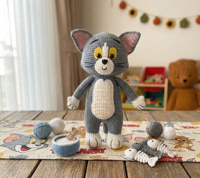 May include: A handmade crochet Tom cat doll, grey with white and pink accents, stands on a wooden table. The doll has a white belly and is next to a blue bowl with a bone and yarn balls. A Tom and Jerry themed table runner is beneath the items.