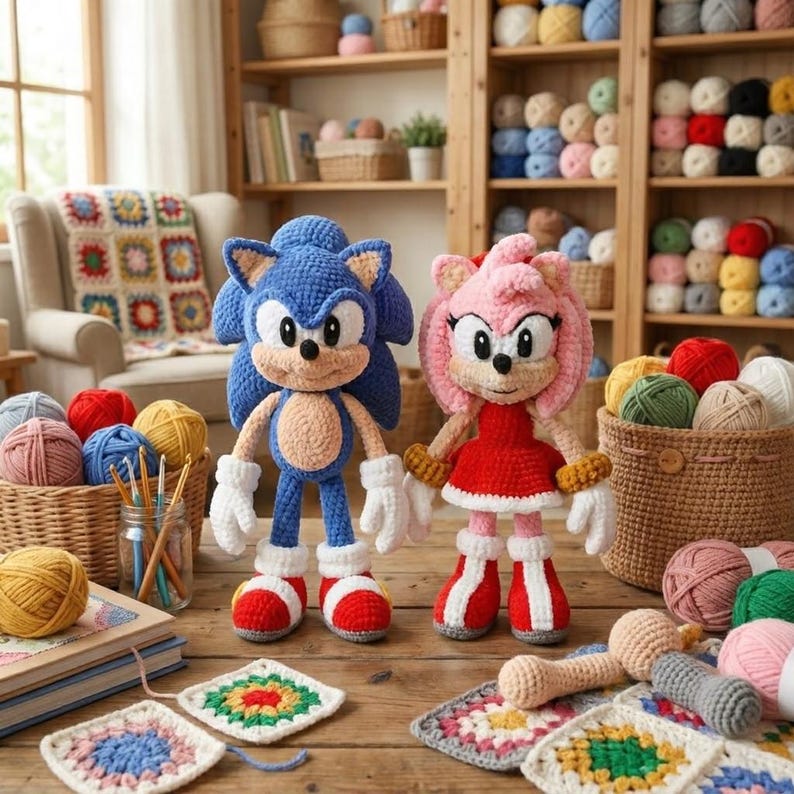 May include: Two handmade crochet dolls, one blue and one pink, stand together. The blue doll has a spiky head and red shoes. The pink doll wears a red dress and white gloves. Crochet yarn and squares are in the foreground.