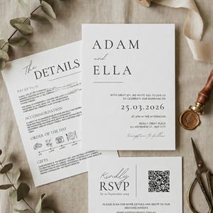Minimalist Wedding Invitation Suite | Black and White Invite, Details Card & RSVP | Editable Canva Template | Digital Download, Canva