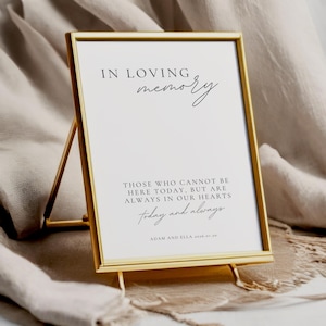 Può includere: Un cartello con cornice in metallo dorato con la scritta "IN LOVING memory" e un messaggio su coloro che non possono essere presenti. Il cartello è su un supporto dorato, con il testo "THOSE WHO CANNOT BE HERE TODAY, BUT ARE ALWAYS IN OUR HEARTS today and always".