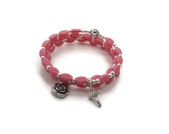 CLEARANCE..Pink Crucifix Beaded Rosary Bracelet