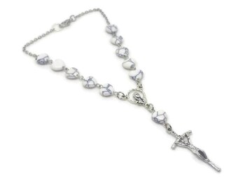 White Stone Heart Car Rosary