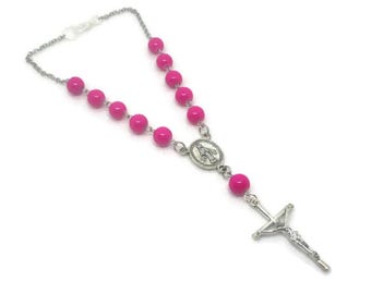 Hot Pink Glass Car Rosary