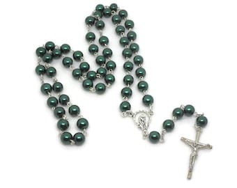 Dark Green Glass Pearl Rosary