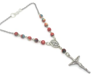 Teal and Terracotta Czech Glass Car Rosary