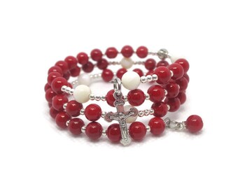 Crimson and Cream Rosary Bracelet