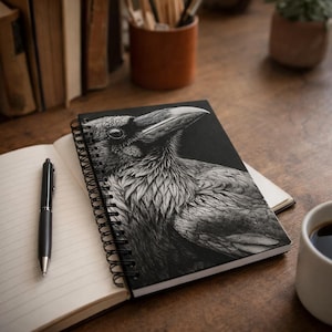 Cuaderno espiral/diario rayado con retrato de cuervo de Smith & Raven