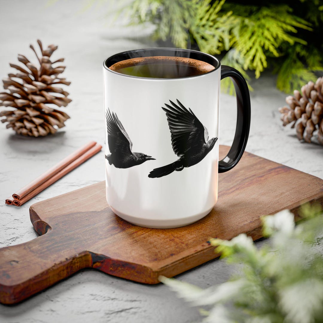 Flying Raven Coffee Mug Minimalist White Ceramic, Cinematic Art Etsy