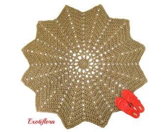 Star Shaped Jute Area Rug - Round Mat Crocheted with Natural Fibers - Neutral Colors