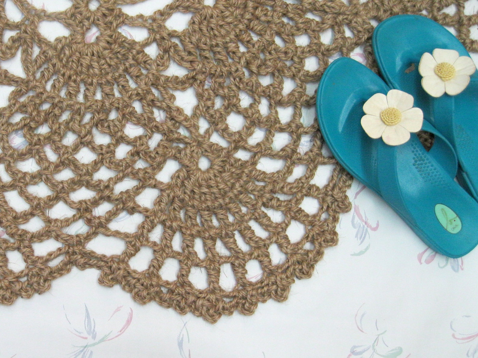 Round Jute Rug Crochet Area Rug Natural Fiber Pineapple Fan Pattern ...