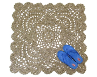 Lacy Square Jute Rug Crocheted in the Pineapple Pattern - Openwork Design and Neutral Color