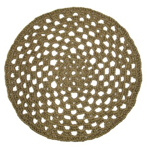 May include: A round, brown, crocheted jute rug with a circular pattern. The rug has a natural, earthy tone and is made of woven fibers.