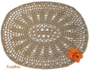 Oval Area Jute Rug, Hand Crocheted from Natural Fiber in a Mandala Pattern - Eco Friendly Neutral Floor Covering for Hippie Decor 53" x 68"