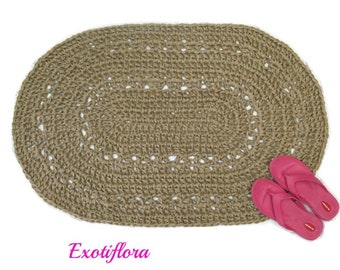 Oval Jute Area Rug, Crocheted from Natural Fibers - Kitchen or Sink Mat - Floor Covering for Hippie or Coastal Decor - Dog, Cat, Pet Bed