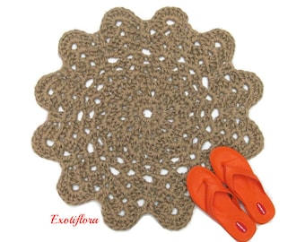 Crochet Jute Flower Area Rug  - Natural Fiber Floor Covering - Dog or Cat Pet Mat - Hippie Decor - Eco Friendly Round Doily Rug