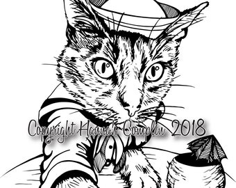 May include: A black and white illustration of a cat wearing a sailor hat and holding a hand of playing cards. The cat has a tattoo of an anchor on its arm. The cat is sitting at a table with a drink in a coconut shell.