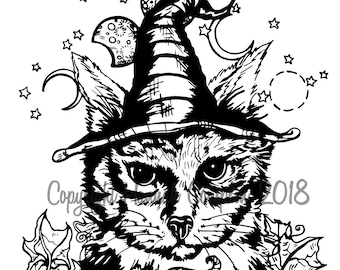 Witch Cat de Hannah Complin PDF Descargar + 1 PDF adicional gratuito Ilustración Obra para colorear Página para colorear Gato felino Fases lunares Wicca Pagan Halloween