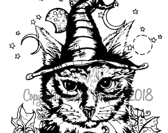 Witch Cat by Hannah Complin PDF Download + 1 Extra Free PDF Illustration Artwork Coloring Page Feline Cat Moon Phases Wicca Pagan Halloween