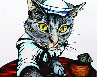 Rowdy the Sailor Cat Digital Print, Cat Drawing, Navy Cat Wall Art, Cat Home Decor, Pet Art Portrait, Cat Lover Gift, Poker Player, Cute