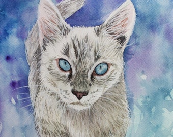 White Siamese Cat Watercolor Digital Print, Cat Painting, Cat Wall