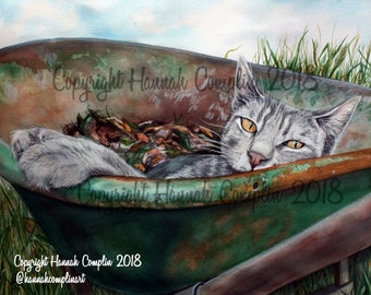 Grey Tabby Cat in Wheelbarrow Watercolor Digital Print, Cat Painting, Cat Wall Art, Cat Home Decor, Pet Art Portrait, Cat Lover Gift