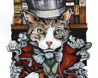 Top Hat Victorian Steam Punk Cat Digital Print, Cat Drawing, 1800s Cat Wall Art, Pop Art Smoking Pipe Library Kitty Illustration Poster