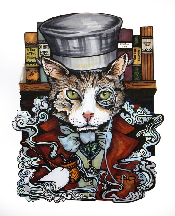 トパーズの流星 Top Hat Victorian Steam Punk Cat Digital Print, Cat Drawing
