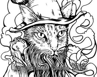 Cat Coloring Page Wizard Cat by Hannah Complin PDF Download + 1 Extra Free PDF Illustration Artwork Nerd Feline Cat Fantasy LOTR Gandalf