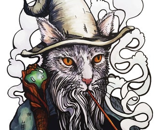 Wizard Cat Print, Cat Drawing, Fantasy Cat Wall Art, Cat Home Decor, Pet Art Portrait, Cat Lover Gift, Nerd Humor, Geek Art