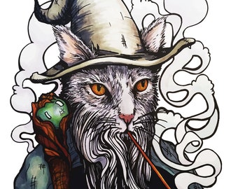 Wizard kat afdrukken, tekening van de kat, Fantasy kat kunst aan de muur, decor van het huis van de kat, huisdier kunst portret, kat minnaar cadeau, nerd humor, Geek kunst