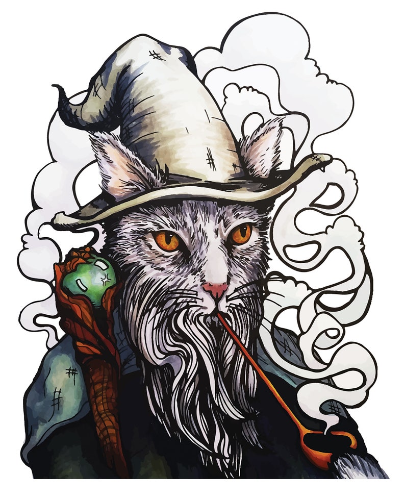 Wizard Cat Print, Cat Drawing, Fantasy Cat Wall Art, Cat Home Decor, Pet Art Portrait, Cat Lover Gift, Nerd Humor, Geek Art image 1