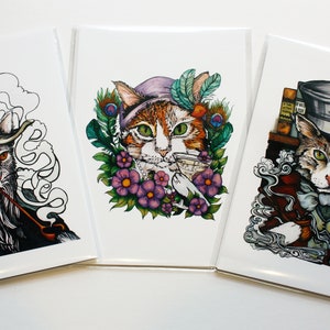 6 Cat Note Cards Pop Art Pirate Kitty, Top Hat, Punk Rock, Flapper, Wizard, Pet Art Portrait, Cat Lover Gift Funny Cartoon Sphinx