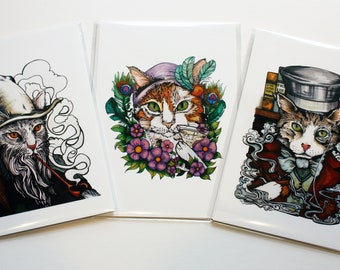6 Cat Note Cards Pop Art Pirate Kitty, Top Hat, Punk Rock, Flapper, Wizard, Pet Art Portrait, Cat Lover Gift Funny Cartoon Sphinx