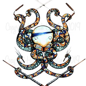 Ninja Octopus Cartoon Drawing Blank Notecard, Illustration d'encre d'un Octopus Ringed Ninja TNMT Fan Art Marker Illustration