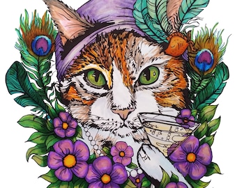 Vyvian the Flapper Cat Digital Print, Cat Drawing, 1920s Cat Wall Art, Cat Home Decor, Pet Art Portrait, Cat Lover Gift