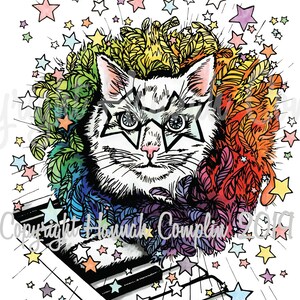 May include: A white cat wearing star-shaped sunglasses sits on a piano keyboard. The cat is surrounded by colorful feathers and stars. The text "Copyright Hannah Complain 2019" is visible in the lower left corner of the image.