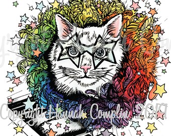 Piano Singer Cat Digital Print, Cat Drawing, Cat Wall Art, Pop Art Elton John Fantasy Feather Boa Kitty Illustration Poster Rock Star Funny