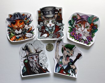 Cat Sticker Pop Art Pirate Kitty, Top Hat, Punk Rock, Flapper, Wizard, Pet Art Portrait, Cat Lover Gift Funny Cartoon Sphinx